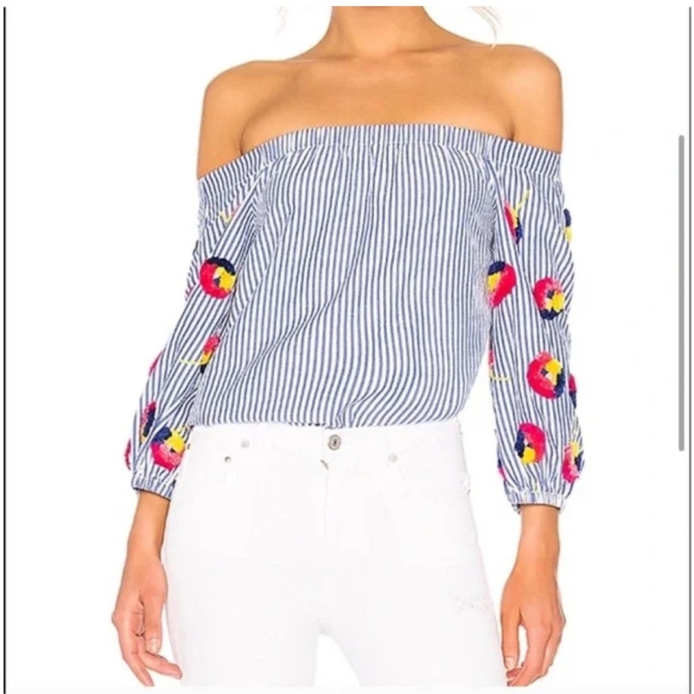 Tanya Taylor Top Blue White Stripe Colorful Michele 3D Sleeve Embroidery Size 2